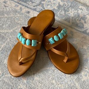 Italian Shoemakers Tan Leather Thong Sandals w/ Turquoise Beads